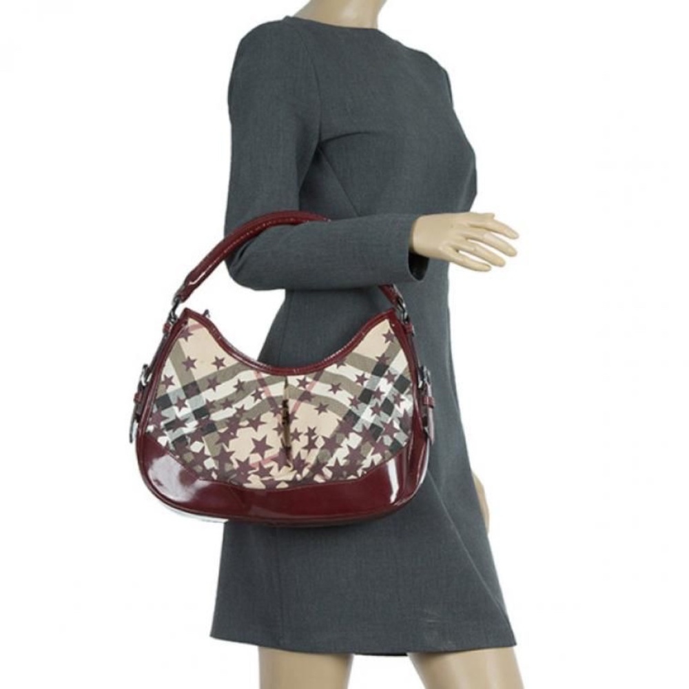 Authentic Burberry Nova Check Berry Red Star Small Hernville Hobo Bag Burgundy - Picture 5 of 13